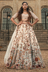 Off White and Sky Blue Heavy Work Bridal Lehenga in Raw Silk with Floral and Bird Motifs